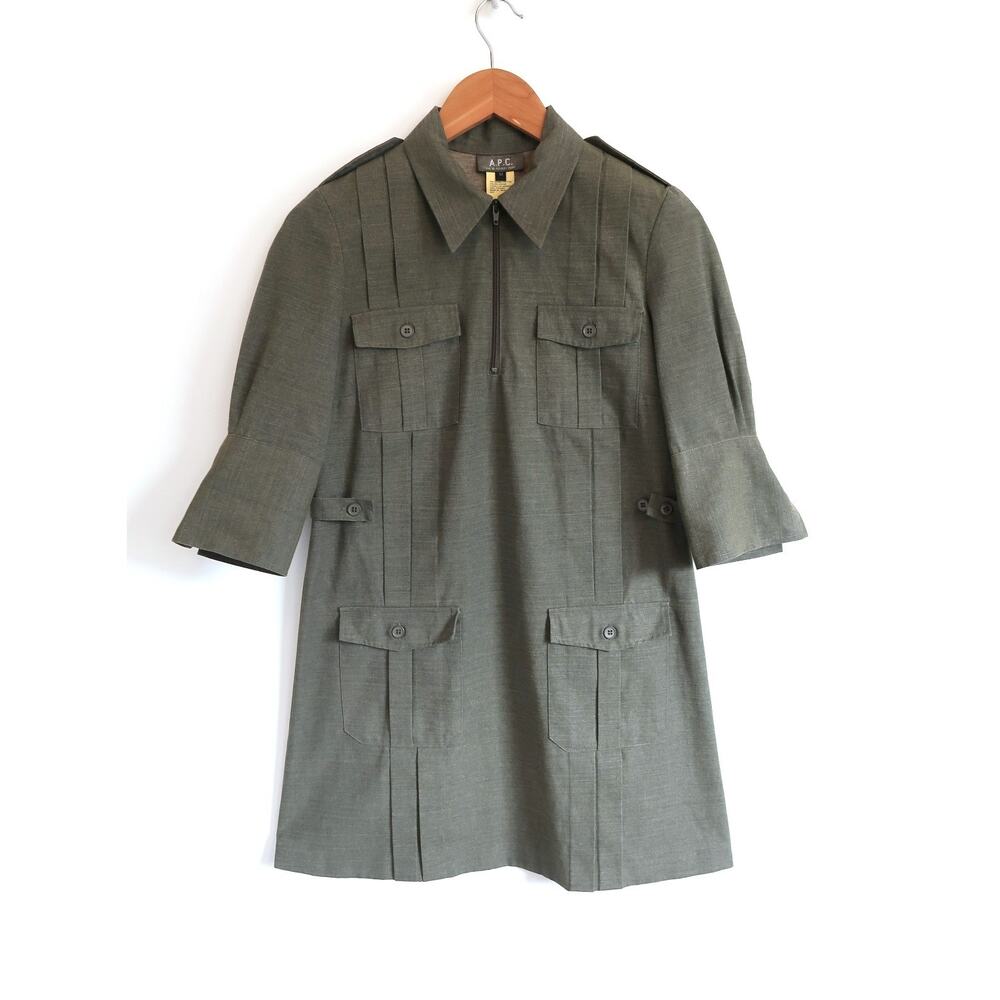 A.P.C. Vintage Waxed Cotton Canvas Utility Cargo Dress Army Green SSENSE M $495